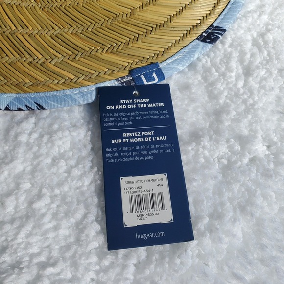 Huk Straw Hat KC Fish and Flag Mens Fishing Sun Hat Tan Blue H7300052-454-1 - Picture 2 of 6